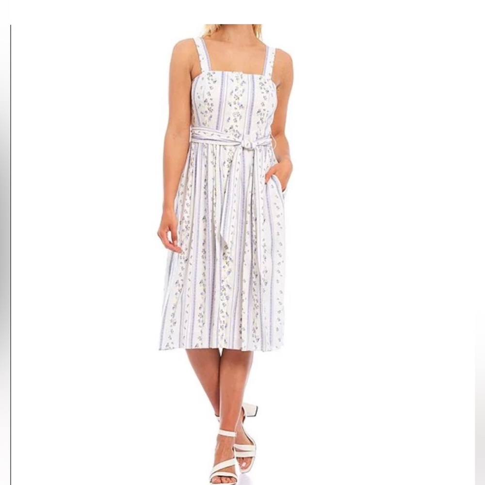 ANTONIO MELANI  White and Blue Floral Buttoned Midi Sundress
